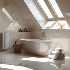 Poster - Closeup view of a modern bathroom with sleek marble panels a freestanding bathtub and rolled towels placed nearby Roof window filters in natural light casting soft shadows on the accessories