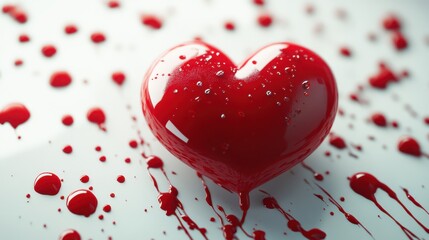 Wall Mural - Glossy red heart on a white surface surrounded by splattered droplets, evoking love and emotion