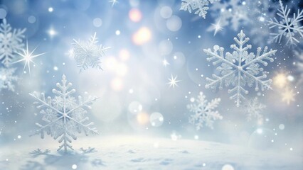 Poster - A winter wonderland scene with delicate snowflakes falling on a snowy background, shimmering with festive lights and bokeh effects.