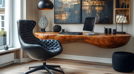 Poster - Closeup view of the natural wood console and black chair in an elegant workspace showcasing mockup paintings and decorative items viewed from a low angle to emphasize the textures and colors