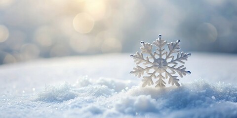 Aufkleber - A sparkling snowflake rests on a pristine blanket of snow, bathed in soft sunlight and surrounded by ethereal bokeh