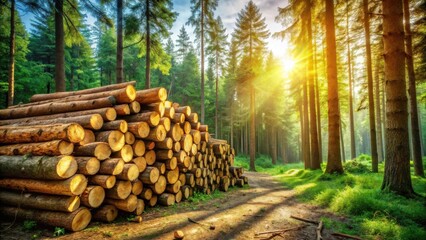 Poster - A Stack of Logs in a Lush Forest Bathed in the Golden Light of the Setting Sun