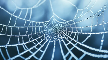 Close-up of a spiderweb glistening with morning dew, creating a beautiful, intricate pattern.