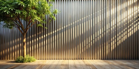 Poster - Sunlight streams through the vertical slats of a wall, casting shadows on the wooden floor and the lush foliage of a nearby tree