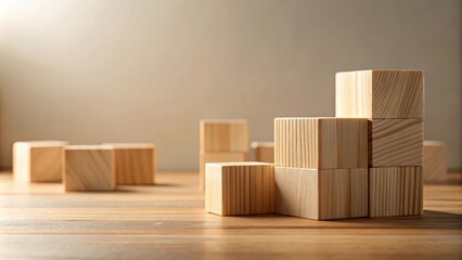 Poster - A simple arrangement of wooden blocks on a tabletop, bathed in soft sunlight, creating a minimal and natural aesthetic.