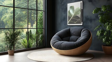 Poster - Contemporary living room design showcasing a mockup poster frame and rounded shapes armchair captured from a corner angle to illustrate the balance of light and dark elements in the decor
