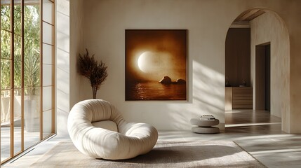 Fototapete - Contemporary living room design showcasing a mockup poster frame and rounded shapes armchair captured from a corner angle to illustrate the balance of light and dark elements in the decor