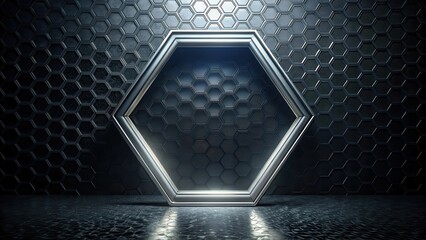 Aufkleber - A Hexagon Frame Adorns a Dark Hexagonal Background with a Reflective Floor
