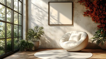 Poster - Contemporary living room design showcasing a mockup poster frame and rounded shapes armchair captured from a corner angle to illustrate the balance of light and dark elements in the decor