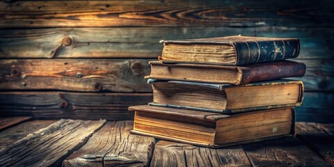 Aufkleber - A Stack of Old Books Resting on a Weathered Wooden Surface, Reflecting the Passage of Time and the Enduring Power of Knowledge