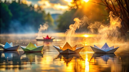 Aufkleber - Paper Boats Drifting on a Serene Lake at Sunset with Misty Steam Rising Around Them