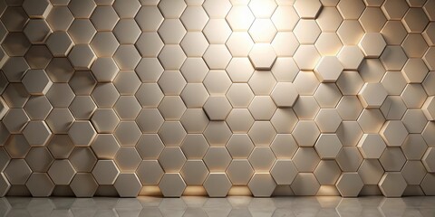 Leinwandbilder - A wall of hexagonal tiles creates a modern, geometric design with subtle lighting accents that cast soft shadows on the floor.