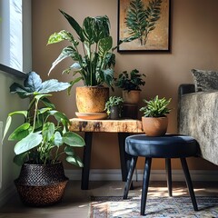 Poster - Cozy botanic living room featuring plants in stylish flowerpots a wooden stand displaying greenery and a black stool placed near a brown wall Personal accessories add a warm homely feel