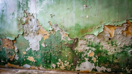 Poster - A weathered wall with peeling paint revealing layers of green and yellow hues, a testament to time and neglect.