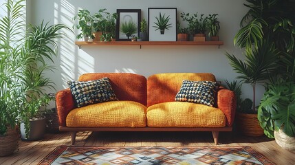 Poster - Cozy corner of a modern living room showcasing a colorful boucle sofa decorative shelves filled with plants and personal items with a mockup poster adding a unique touch to the decor
