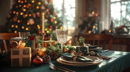 Poster - Cozy dining room scene from a diagonal perspective featuring a table set with a green tablecloth glass gifts and a Christmas tree in the background capturing the essence of holiday cheer
