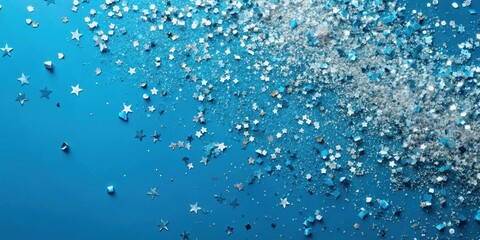 Poster - A festive background with a scattering of blue and silver glitter stars on a deep blue surface.
