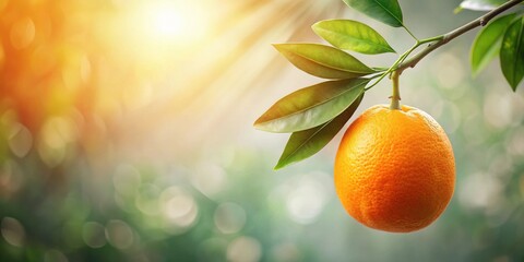 Aufkleber - A solitary orange, ripe and glowing, hangs from a slender branch adorned with vibrant leaves, bathed in the warm glow of the setting sun.