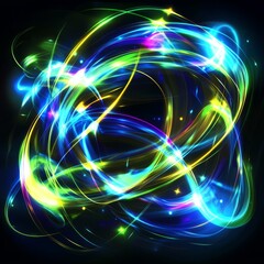 Abstract swirling light trails, cosmic design, dark background, digital art