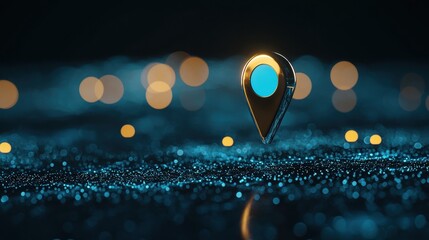 Poster - Icon Pin Location futuristic Sleek metallic pin location icon with glowing blue accents, displayed on a holographic map interface, represents a futuristic location or point of interest