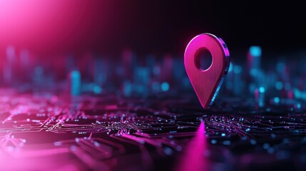 Poster - Icon Pin Location futuristic 3D pin location icon with digital circuits and data streams, hovering over a futuristic cityscape, symbolizes a technologically advanced location