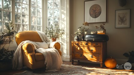 Poster - Cozy living room interior with a brown sideboard and decorative elements like a casket and books captured from a corner angle to illustrate the warmth and inviting feel of the space with copy space
