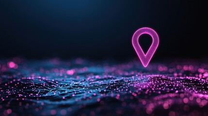 Poster - Icon Pin Location futuristic Geometric pin icon made of interconnected lines and nodes, placed on a digital map with glowing data points, symbolizes a complex network or system