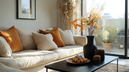 Poster - Cozy living room scene featuring a beige sofa and black coffee table with a mockup poster frame captured from a side angle highlighting the vase with rowan and personal accessories on the table