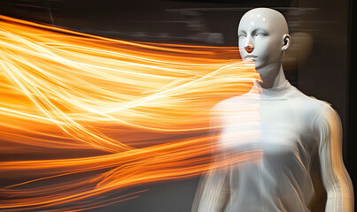 Aufkleber - Abstract Fashion Mannequin: A white mannequin stands against a backdrop of vibrant, dynamic orange light trails, creating a surreal and stylish image perfect for fashion, design, and art. 