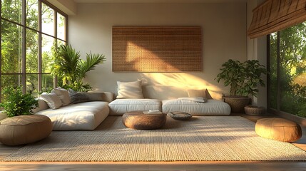 Aufkleber - cozy neutraltoned living room featuring a blend of natural materials and plants captured from a corn