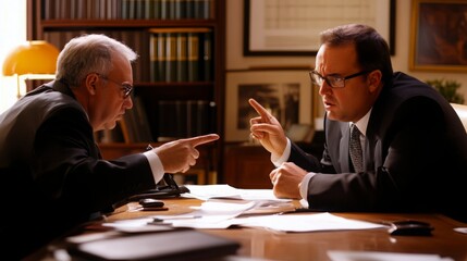 Fototapete - Two businessmen engage in a heated discussion at a desk, surrounded by books and papers, emphasizing a serious negotiation or debate.