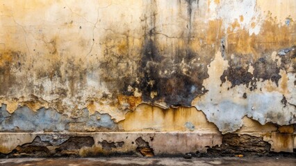 Aufkleber - A weathered wall with peeling paint, cracks, and stains, revealing the underlying layers of a building's history.