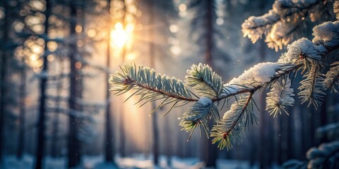 Poster - A frosted evergreen branch against a backdrop of golden sunlight filtering through a snowy forest.