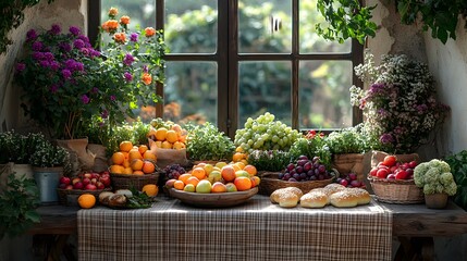 Poster - Cozy terrace atmosphere shown from a corner angle highlighting a large table with a brown tablecloth colorful plants a plaid and a delightful assortment of fruits and buns inviting relaxation