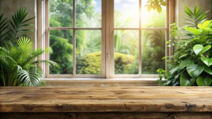 Poster - Rustic wooden table with a window view of lush greenery and sunlight streaming through the glass panes