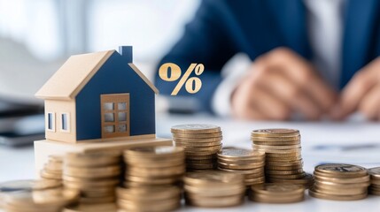 Poster - A miniature house atop a stack of coins, symbolizing real estate investment and financial growth, with a percentage sign indicating interest or return.