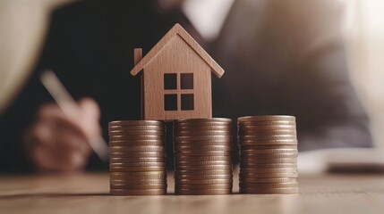 Poster - A wooden house model sits atop stacks of coins, symbolizing real estate investment and financial growth in a business setting.
