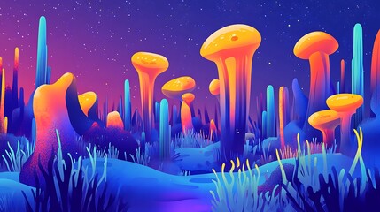 Wall Mural - alien landscape at night; vibrant fungi; surreal. possible use background for sci-fi book cover