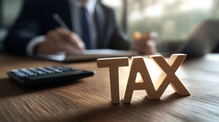 Poster - A businessman calculates taxes at a desk, highlighting financial responsibilities with a wooden 