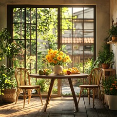 Poster - Cozy terrace interior showcasing a stylish table and chair set a vase with vibrant flowers fruits on the table and plants near a large window creating a welcoming atmosphere Template