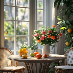 Poster - Cozy terrace interior showcasing a stylish table and chair set a vase with vibrant flowers fruits on the table and plants near a large window creating a welcoming atmosphere Template