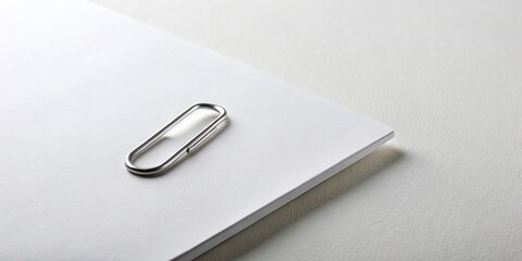 Leinwandbilder - A single, metallic paperclip rests on a sheet of white paper, creating a minimalist, yet intriguing composition.