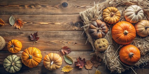 Poster - A Festive Autumn Tabletop With Pumpkins and Fall Leaves Arranged on a Rustic Wooden Surface