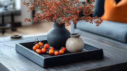 Poster - Detailed closeup of the modern black coffee table with a mockup poster frame vase with rowan and personal decor items viewed from a low angle to emphasize the texture and colors of the furnishings