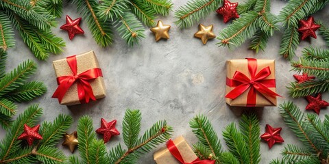 Wall Mural - A Festive Christmas Arrangement with Evergreen Branches, Gift Boxes with Red Ribbons, and Sparkling Red and Golden Stars