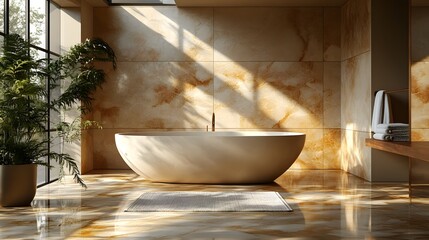 Poster - Dynamic perspective of a modern bathroom with marble paneling a soaking bathtub neatly folded towels and minimalist accessories all illuminated by a roof window streaming in natural light