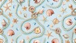 © parichart - A Nautical Watercolor Pattern Featuring Starfish, Seashells, and Rope on a Blue Background