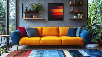 Poster - Dynamic view of a modern living room emphasizing a colorful boucle sofa with decorative shelves brimming with personal items and plants while a mockup poster enhances the lively decor