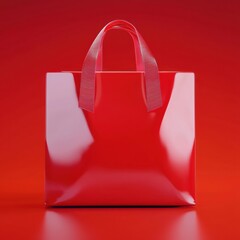 Wall Mural - Glossy Gift Bag Mockup with Ribbon Handles, Isolated on a Vibrant Red Background, High Detail, Soft Reflections, Professional Lighting