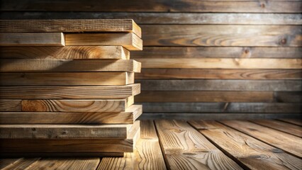 Poster - A stack of wooden planks against a rustic wood background, showcasing the natural beauty of wood grain and textures.